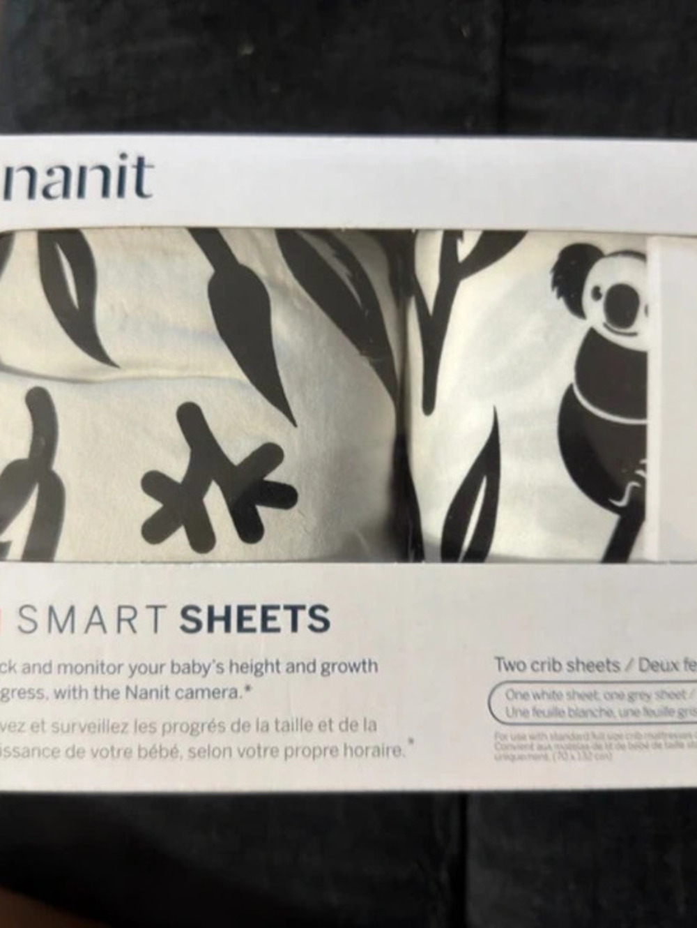 NIB Nanit Smart Crib Sheets 2 Pack Black White Koala Growth Tracking